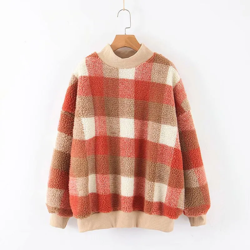 Plaid Lambswool Splicing Lantern Sleeve Hoodies Sweatshirts