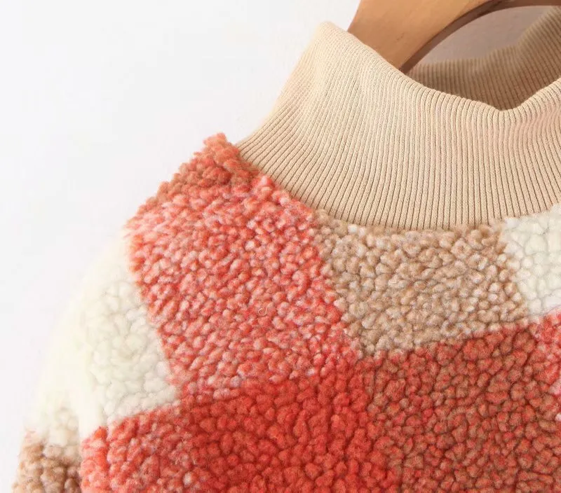 Plaid Lambswool Splicing Lantern Sleeve Hoodies Sweatshirts