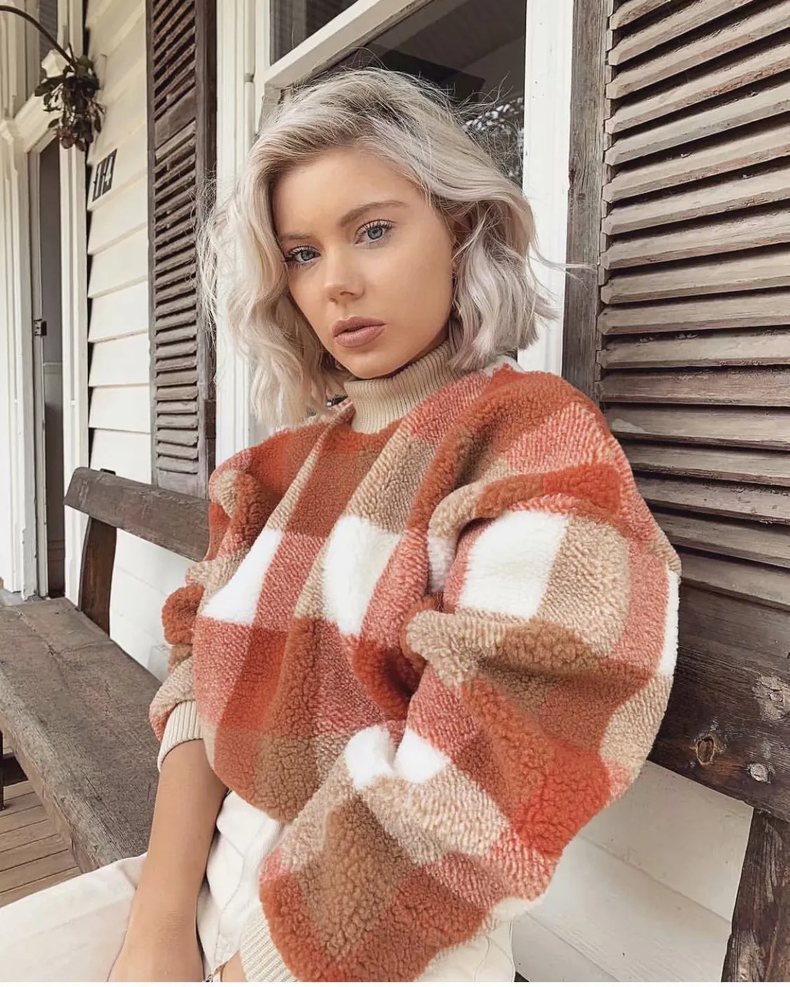 Plaid Lambswool Splicing Lantern Sleeve Hoodies Sweatshirts