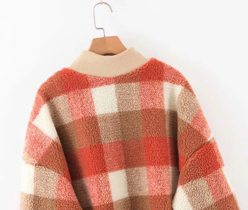 Plaid Lambswool Splicing Lantern Sleeve Hoodies Sweatshirts