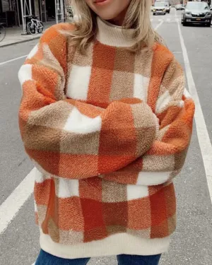 Plaid Lambswool Splicing Lantern Sleeve Hoodies Sweatshirts