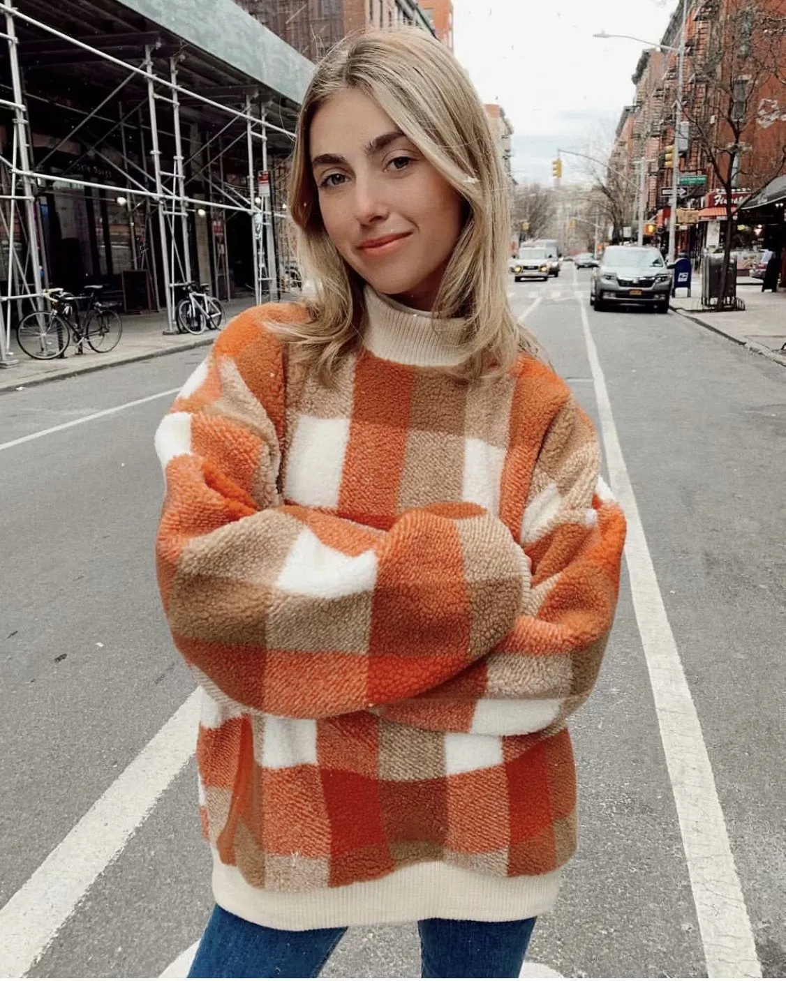 Plaid Lambswool Splicing Lantern Sleeve Hoodies Sweatshirts