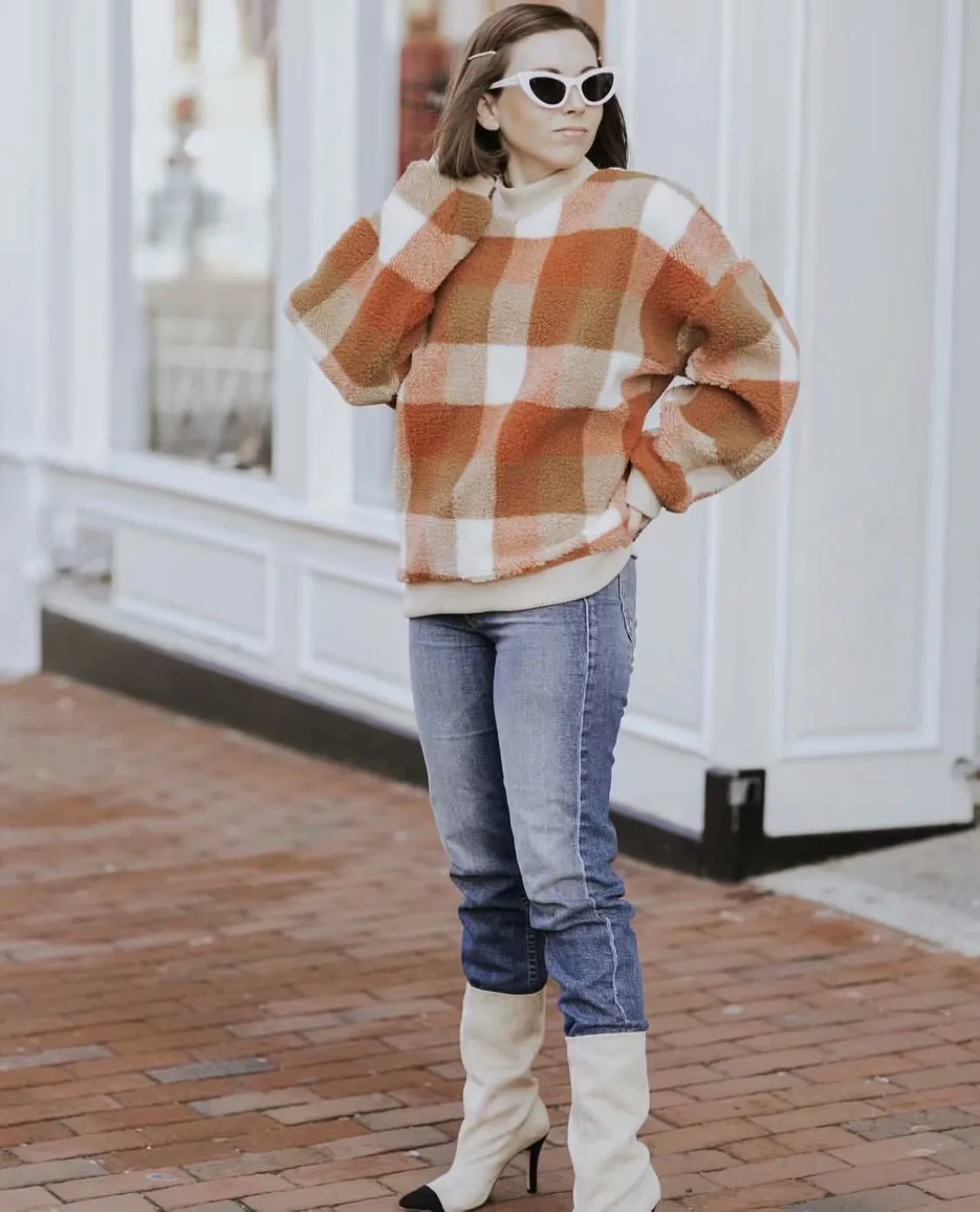 Plaid Lambswool Splicing Lantern Sleeve Hoodies Sweatshirts