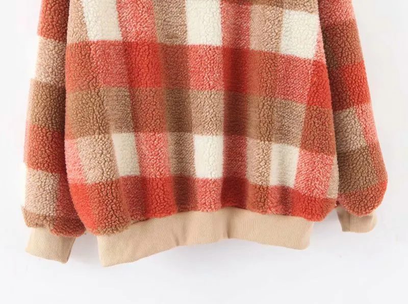 Plaid Lambswool Splicing Lantern Sleeve Hoodies Sweatshirts