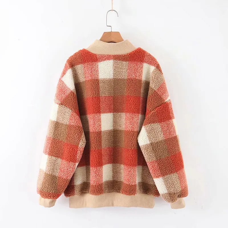 Plaid Lambswool Splicing Lantern Sleeve Hoodies Sweatshirts