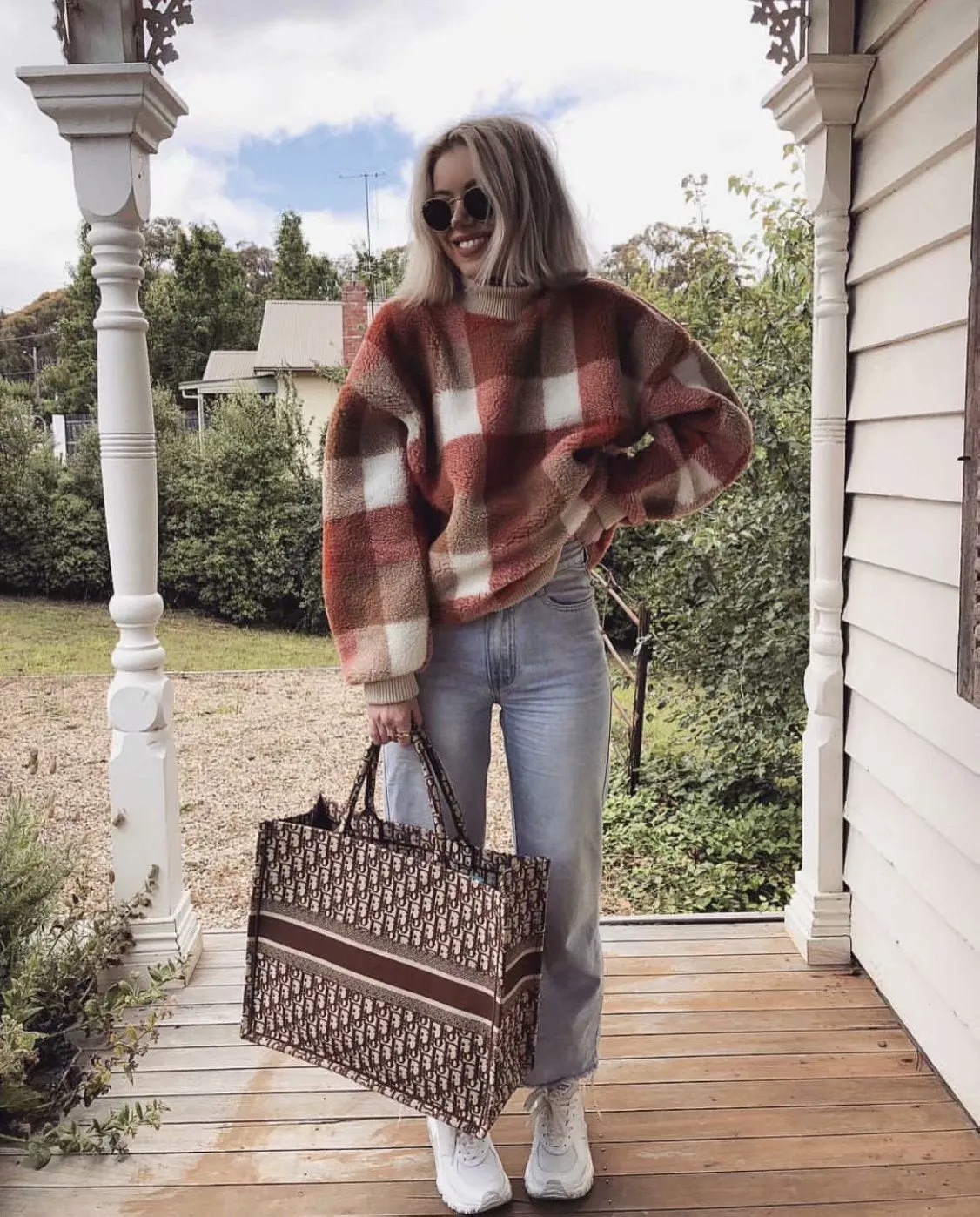 Plaid Lambswool Splicing Lantern Sleeve Hoodies Sweatshirts