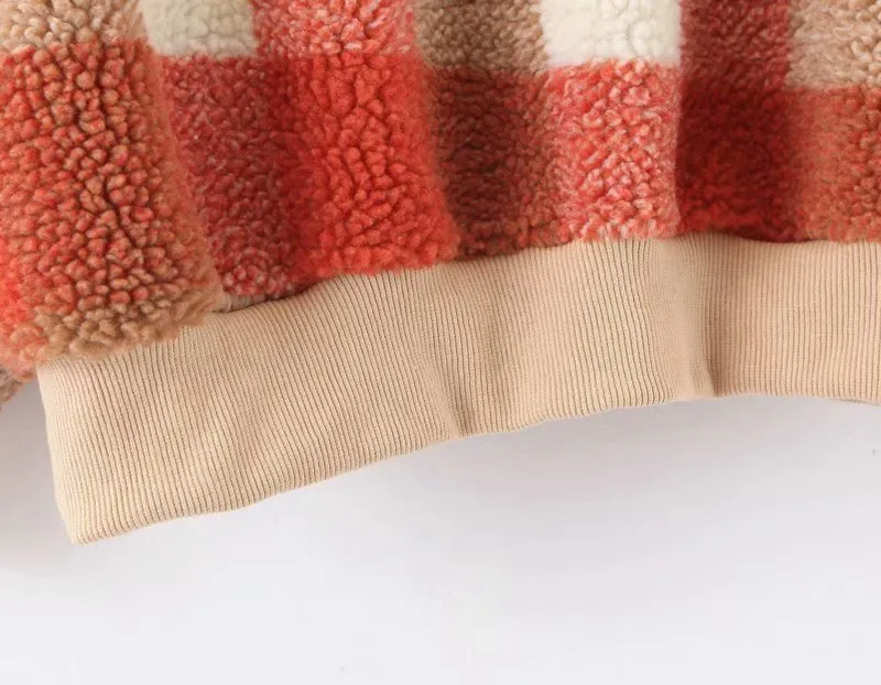 Plaid Lambswool Splicing Lantern Sleeve Hoodies Sweatshirts