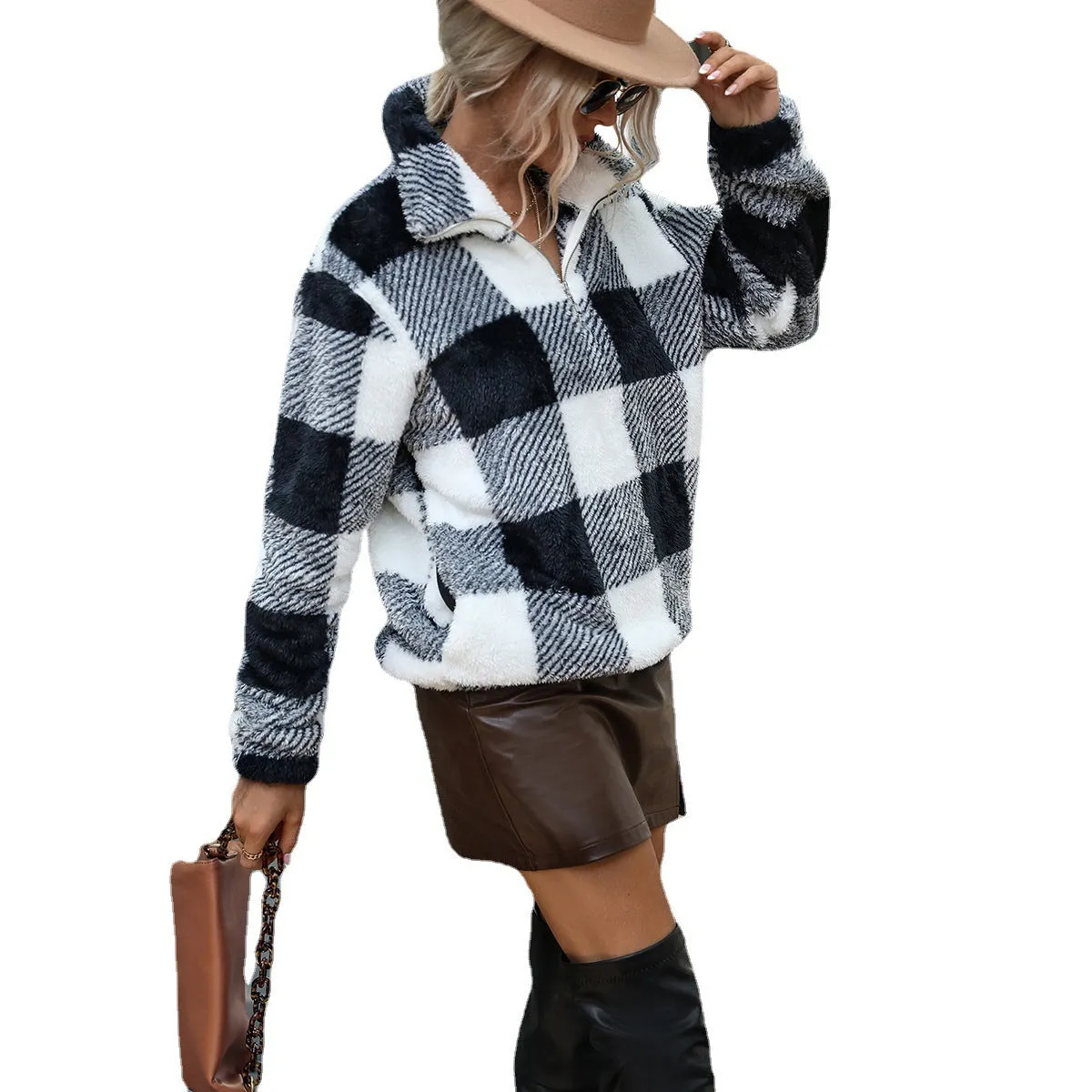 Plaid Print Zipper Front Pullover Sweatshirt