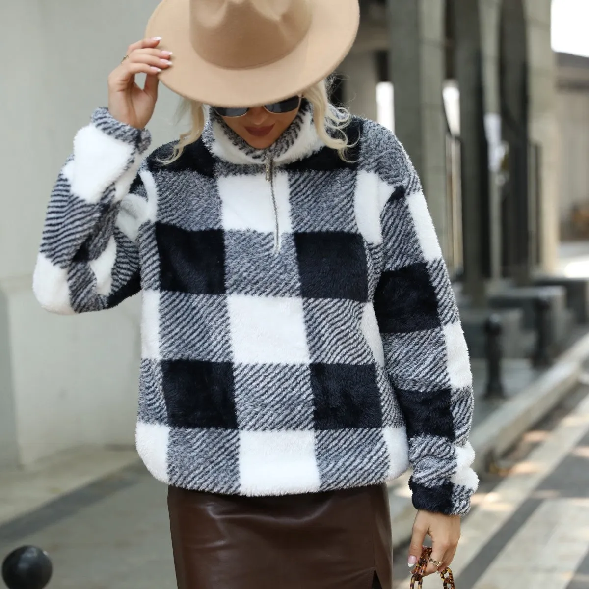 Plaid Print Zipper Front Pullover Sweatshirt