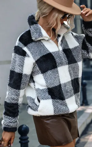 Plaid Print Zipper Front Pullover Sweatshirt