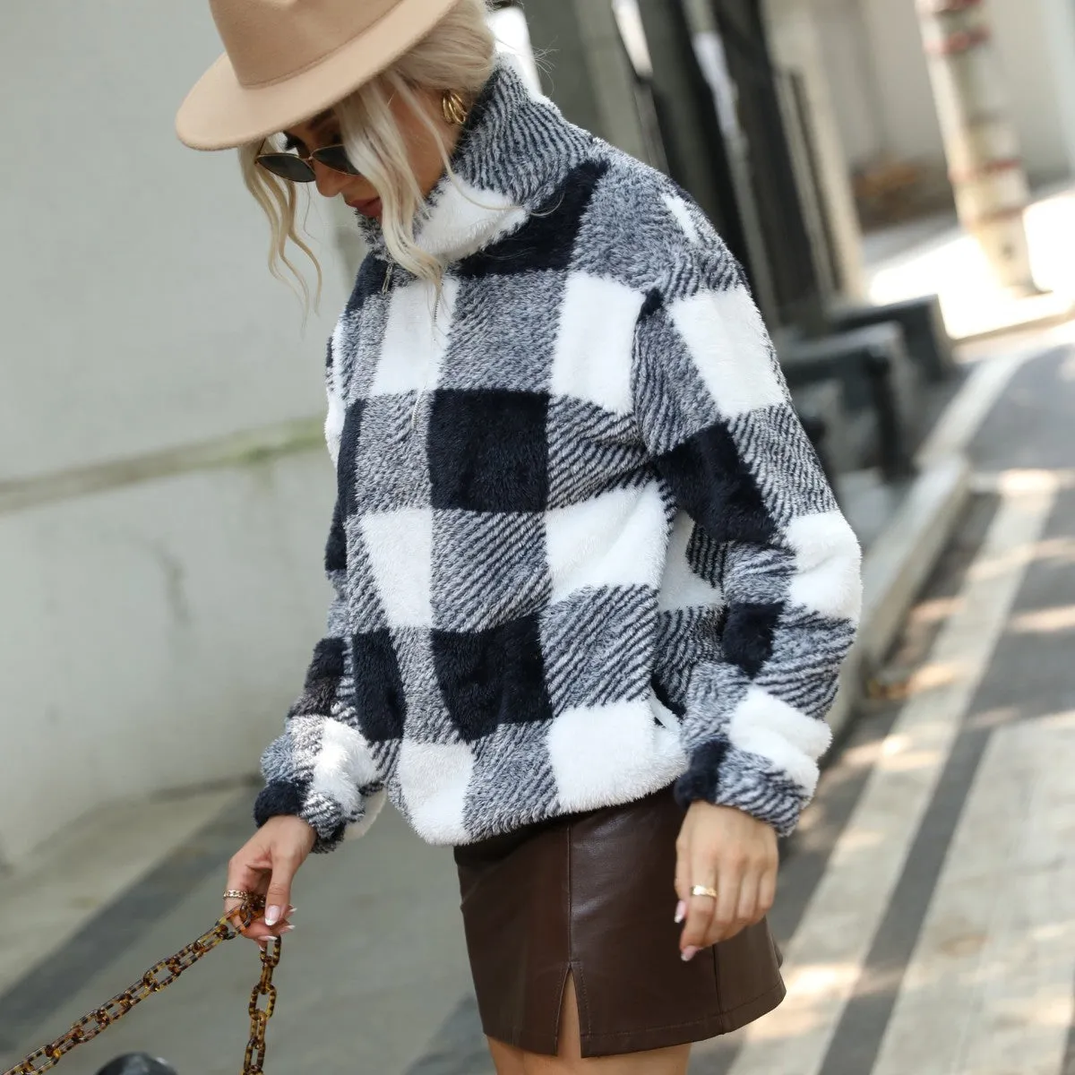 Plaid Print Zipper Front Pullover Sweatshirt