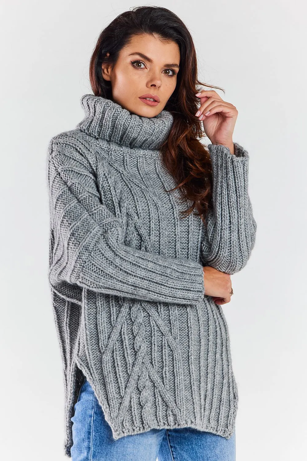 Plaid Turtleneck Slit Sweater