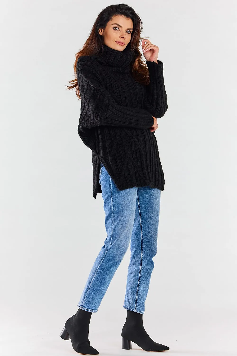 Plaid Turtleneck Slit Sweater