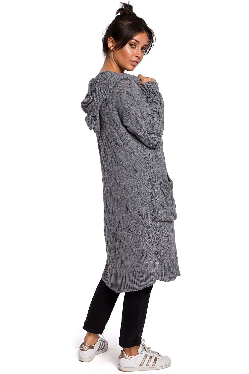 Plaid Weave Long Cardigan with Hood