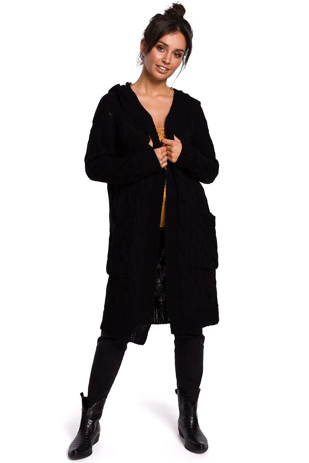 Plaid Weave Long Cardigan with Hood