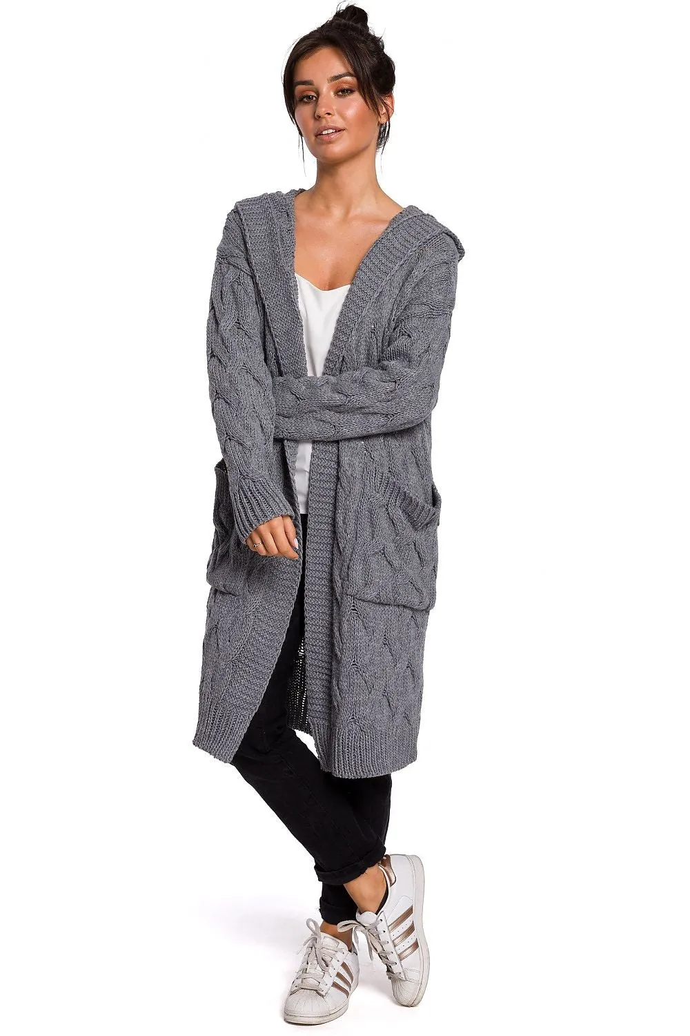 Plaid Weave Long Cardigan with Hood