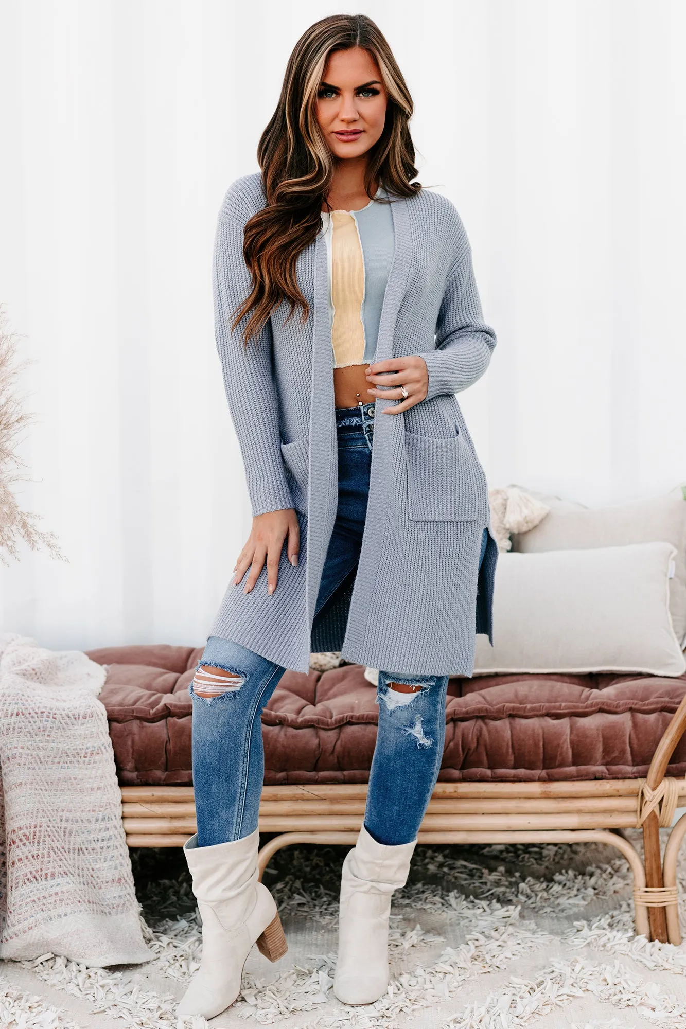 Planning Ahead Open Front Knitted Cardigan (Heather Grey)