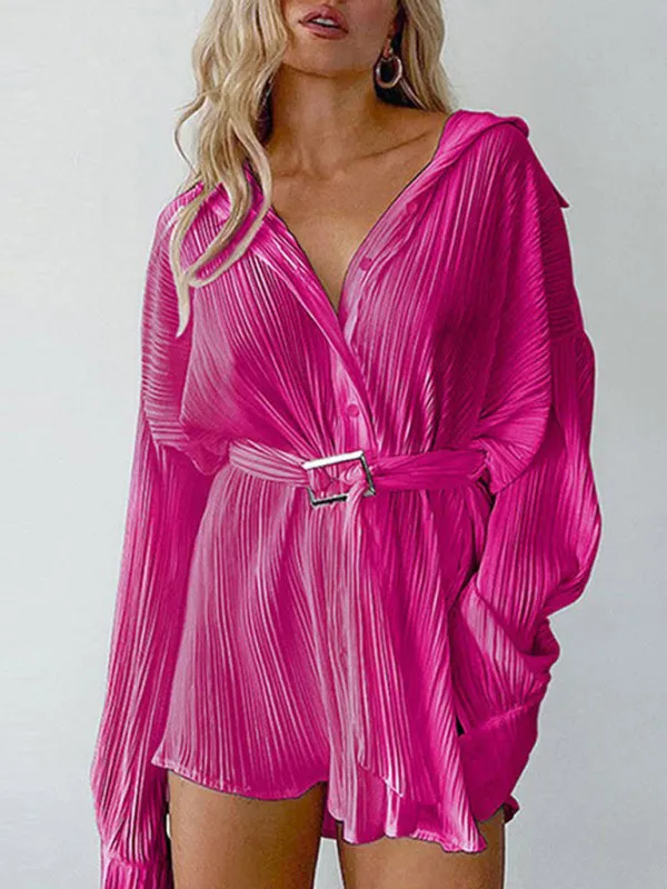 Pleated Long Sleeve Shirt Dress with Belted Waist