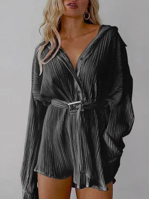 Pleated Long Sleeve Shirt Dress with Belted Waist