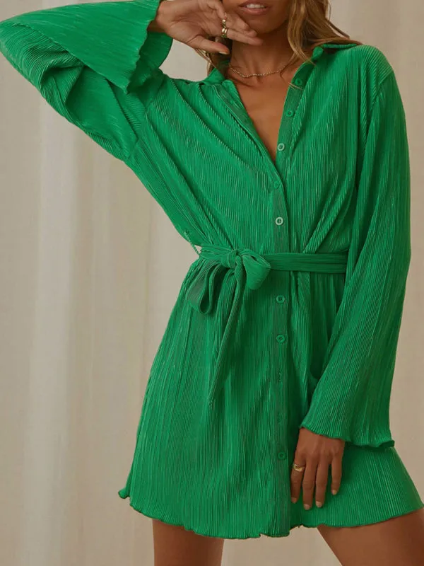 Pleated Long Sleeve Shirt Dress with Belted Waist