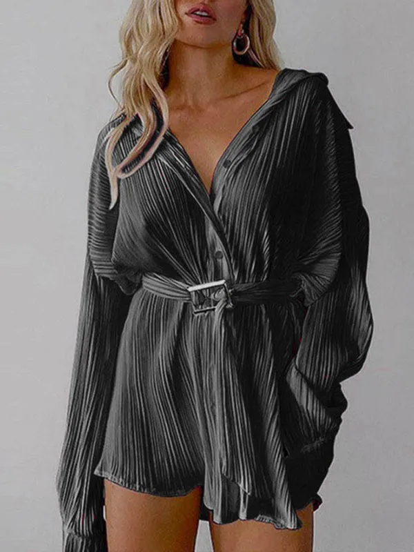 Pleated Long Sleeve Shirt Dress with Belted Waist