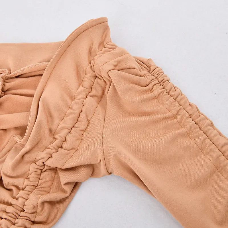 Pleated Sexy Long Sleeve Deep V Sexy Dress Womenswear