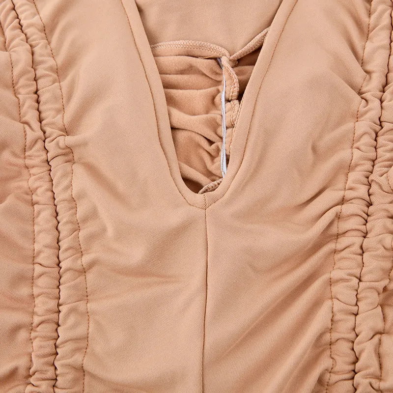 Pleated Sexy Long Sleeve Deep V Sexy Dress Womenswear