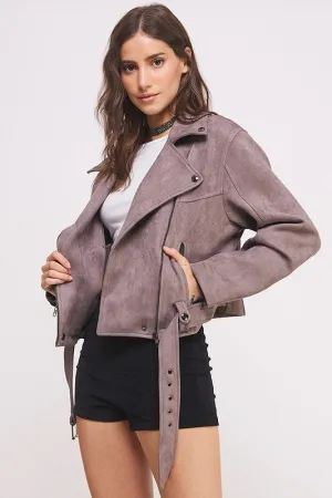 PLUS BELTED LONG SLEEVE ZIPPERED SUEDE MOTO JACKET, Jade by Jane