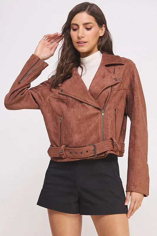 PLUS BELTED LONG SLEEVE ZIPPERED SUEDE MOTO JACKET, Jade by Jane