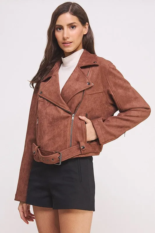 PLUS BELTED LONG SLEEVE ZIPPERED SUEDE MOTO JACKET, Jade by Jane