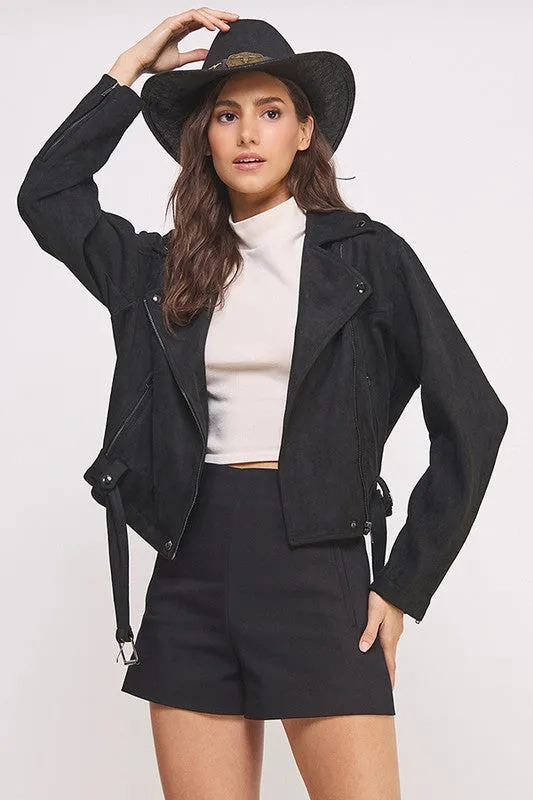 PLUS BELTED LONG SLEEVE ZIPPERED SUEDE MOTO JACKET, Jade by Jane