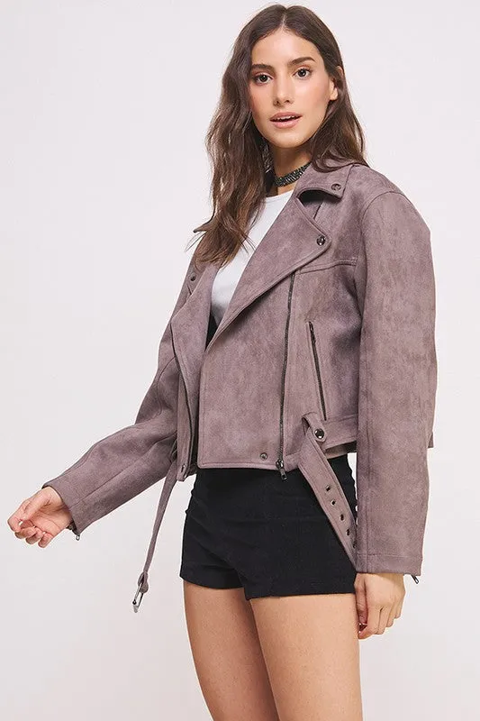 PLUS BELTED LONG SLEEVE ZIPPERED SUEDE MOTO JACKET, Jade by Jane