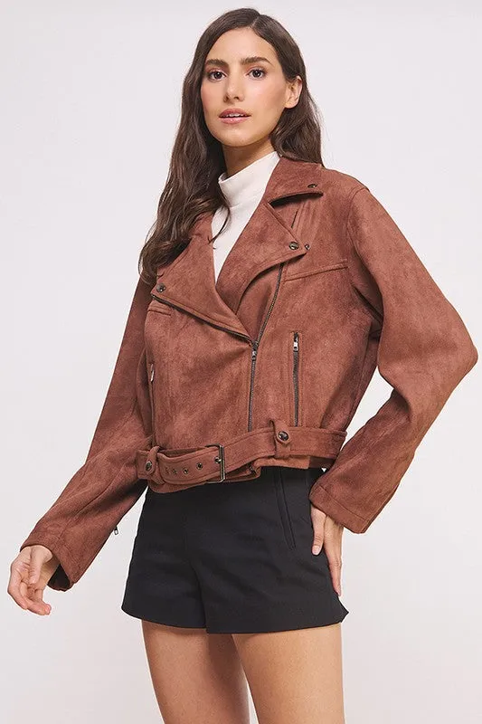 PLUS BELTED LONG SLEEVE ZIPPERED SUEDE MOTO JACKET, Jade by Jane