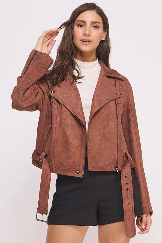 PLUS BELTED LONG SLEEVE ZIPPERED SUEDE MOTO JACKET, Jade by Jane