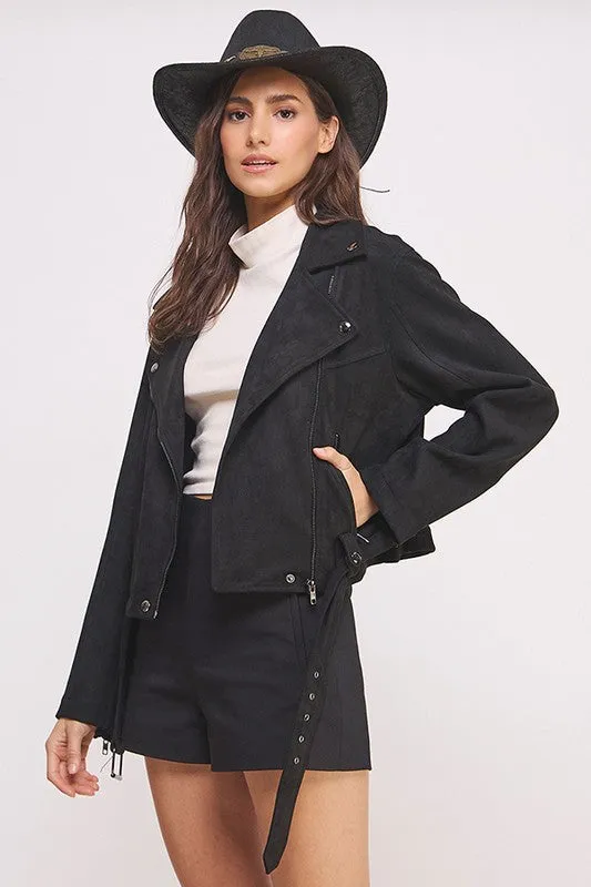 PLUS BELTED LONG SLEEVE ZIPPERED SUEDE MOTO JACKET, Jade by Jane