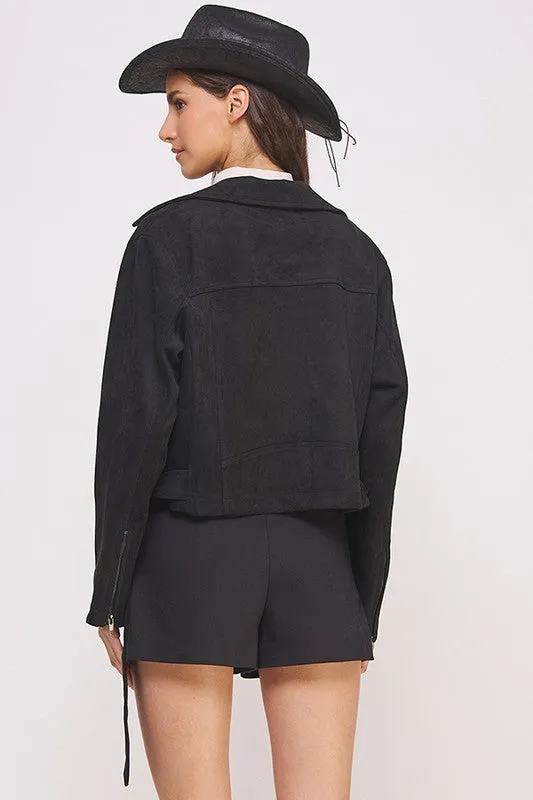 PLUS BELTED LONG SLEEVE ZIPPERED SUEDE MOTO JACKET, Jade by Jane