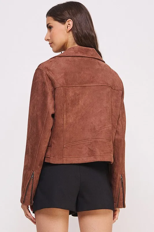PLUS BELTED LONG SLEEVE ZIPPERED SUEDE MOTO JACKET, Jade by Jane