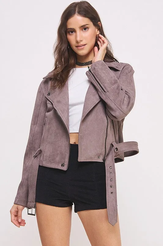 PLUS BELTED LONG SLEEVE ZIPPERED SUEDE MOTO JACKET, Jade by Jane