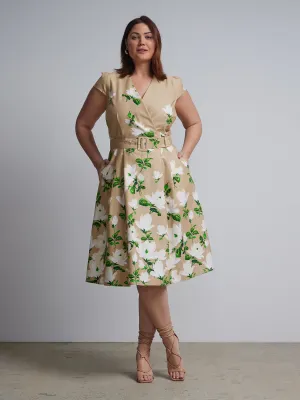 Plus Floral-Print Belted Flare Dress