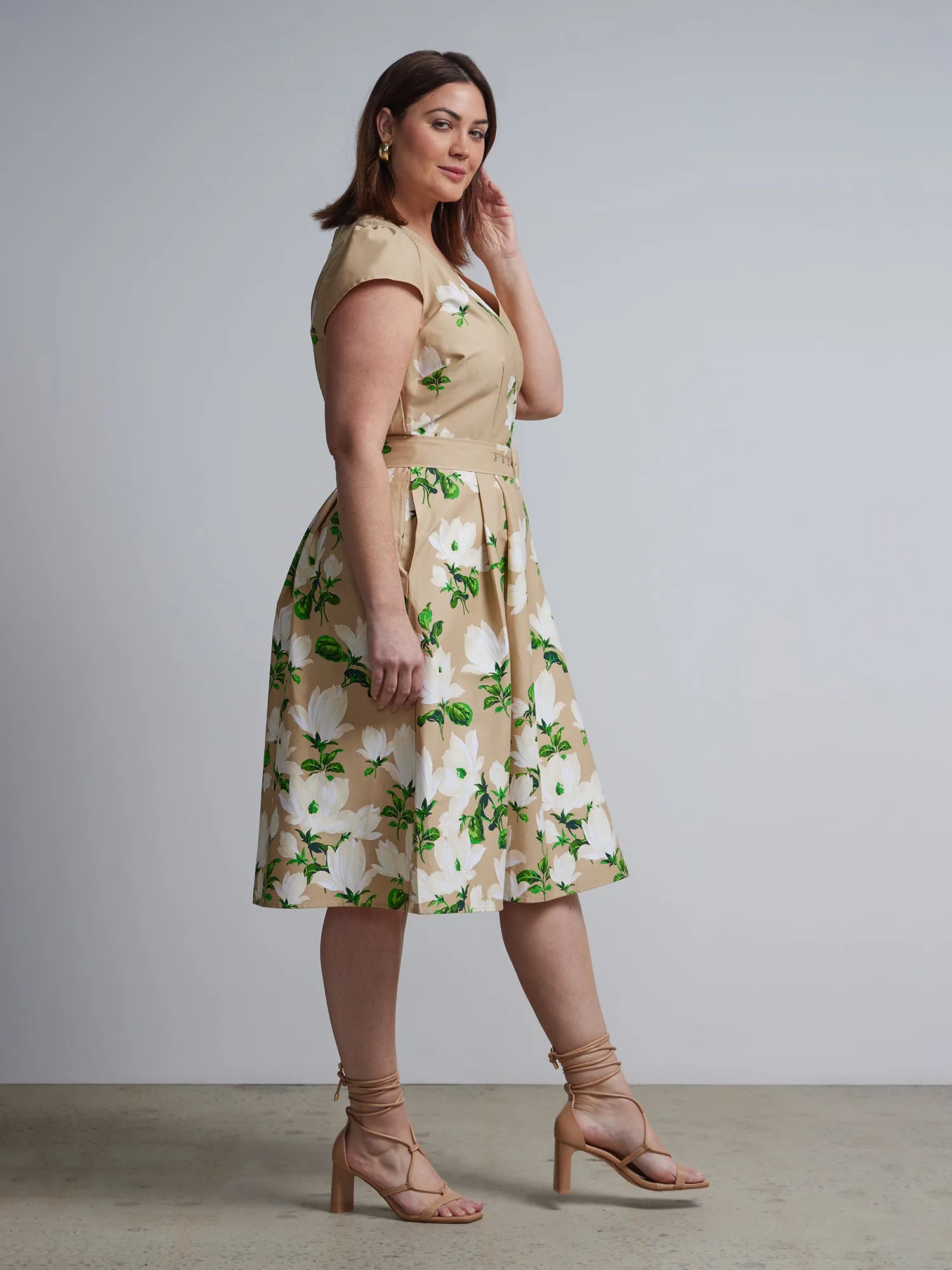 Plus Floral-Print Belted Flare Dress