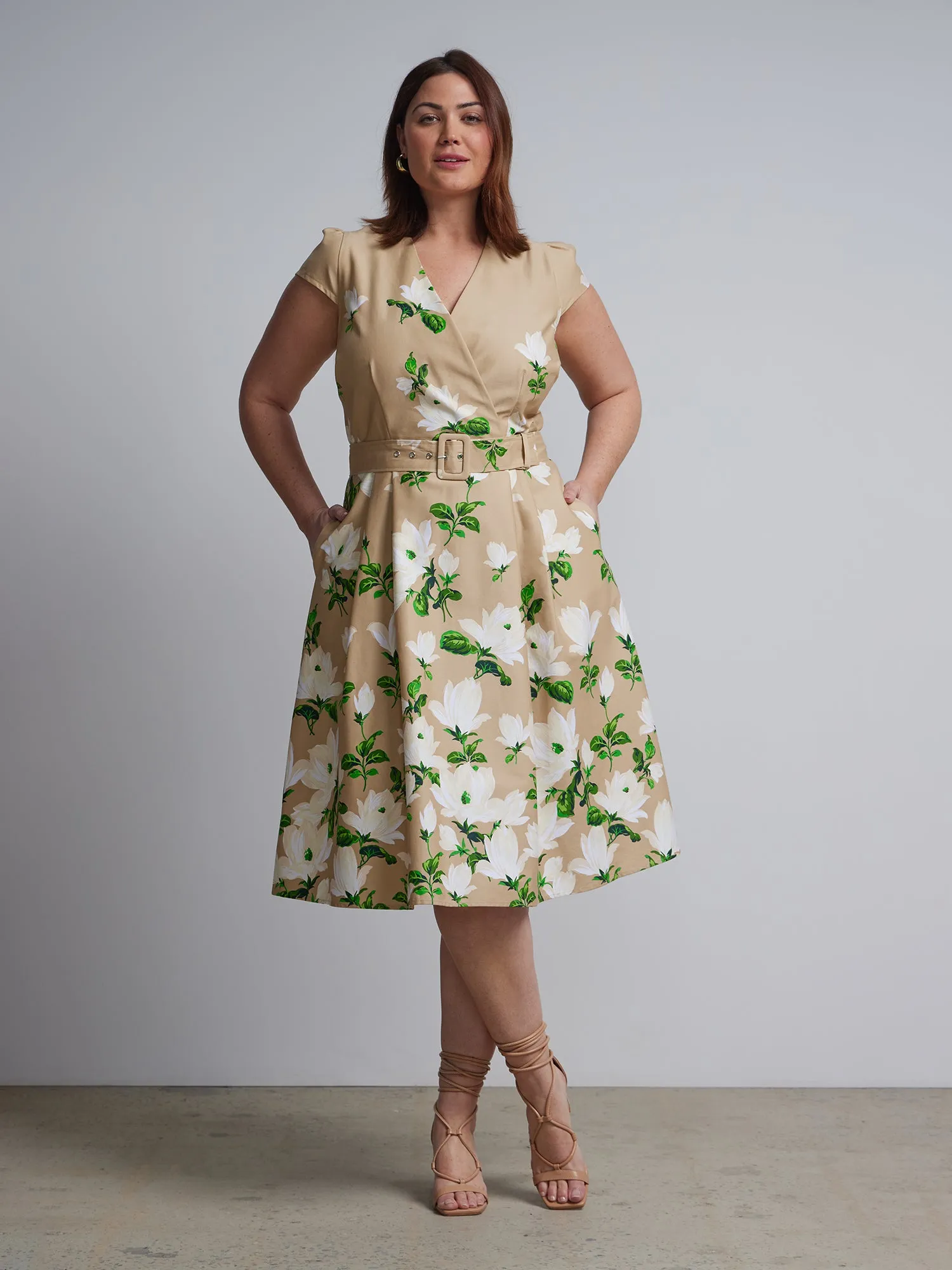 Plus Floral-Print Belted Flare Dress