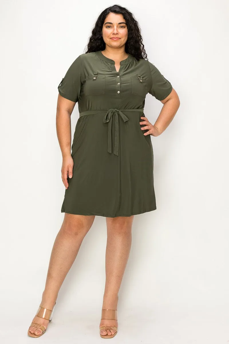 PLUS  Half Placket Front Belted Waist Utility Dress