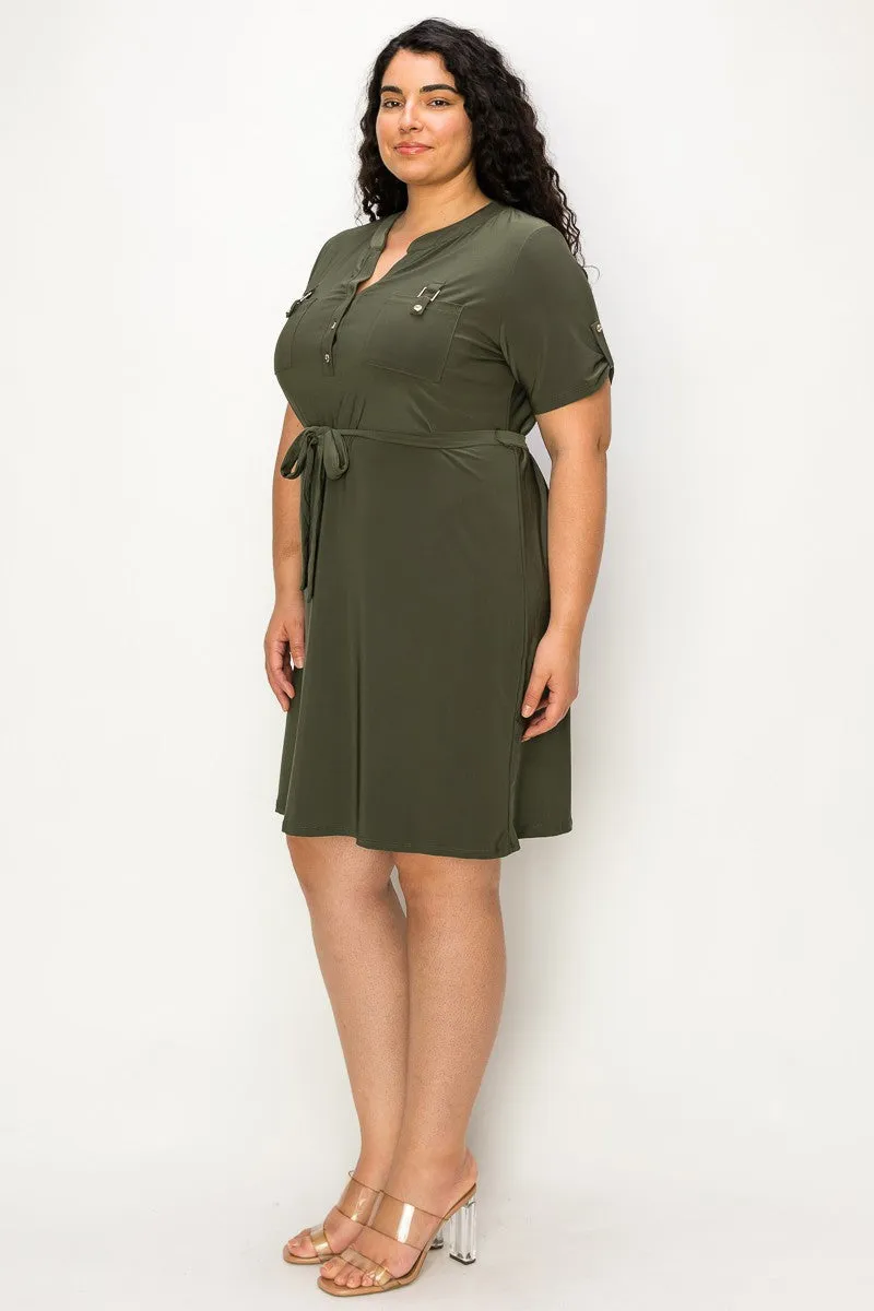 PLUS  Half Placket Front Belted Waist Utility Dress