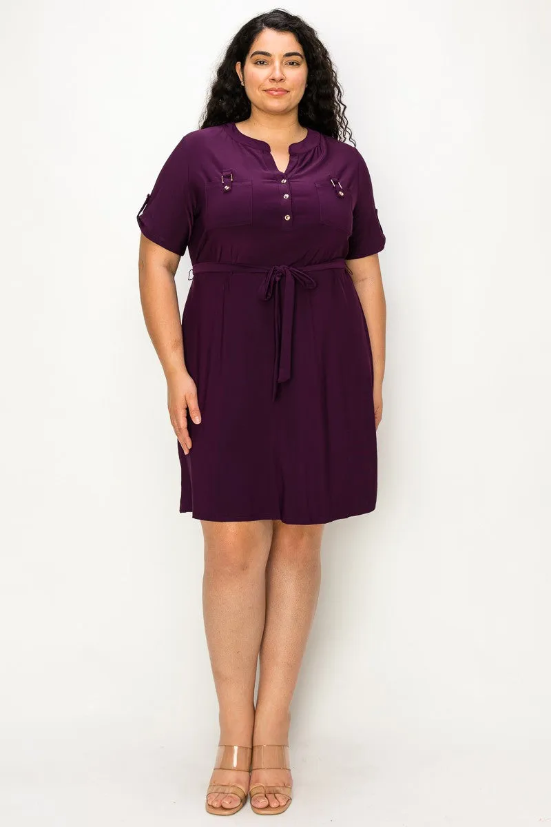 PLUS  Half Placket Front Belted Waist Utility Dress