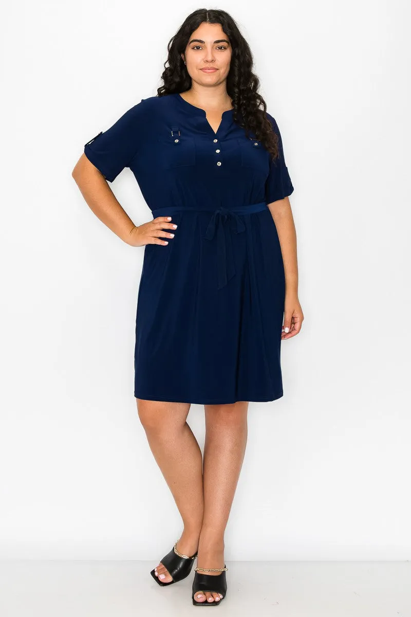 PLUS  Half Placket Front Belted Waist Utility Dress