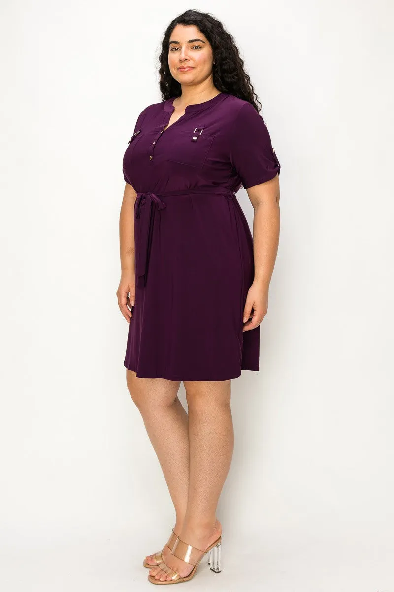 PLUS  Half Placket Front Belted Waist Utility Dress