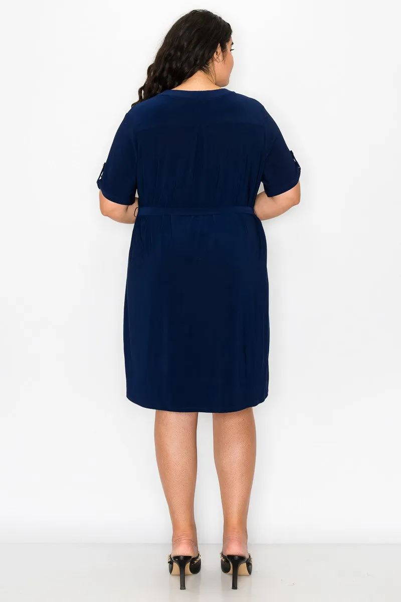 PLUS  Half Placket Front Belted Waist Utility Dress