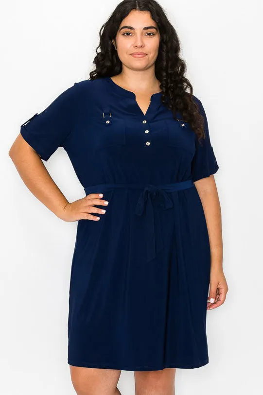 PLUS  Half Placket Front Belted Waist Utility Dress