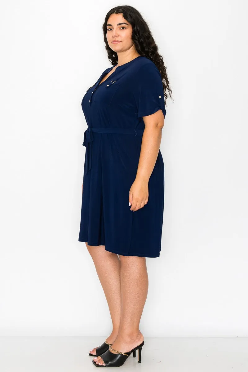 PLUS  Half Placket Front Belted Waist Utility Dress