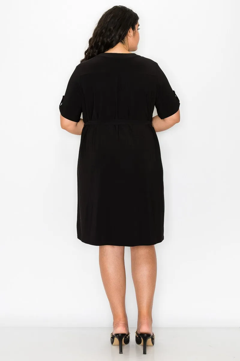PLUS  Half Placket Front Belted Waist Utility Dress